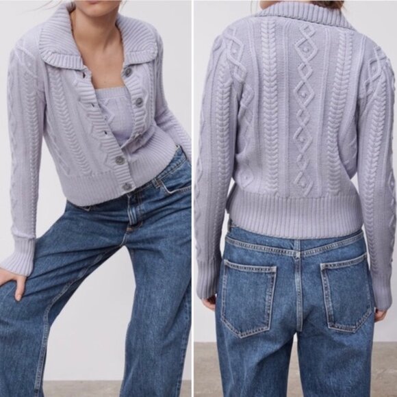 Zara Sweaters - ZARA Cardigan Lilac Cable Knit Collared Cropped Long Sleeve Sweater